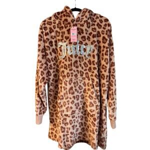 NWT Juicy Couture Leopard Throwzy Plush W/ Hood Sequin Logo S/M Pullover